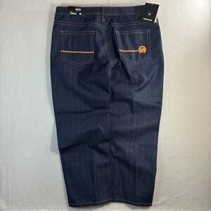 Y2K Mecca Baggy Jeans Men 46x32 Blue Raw Denim Embroidered Wide Leg Skater NWT